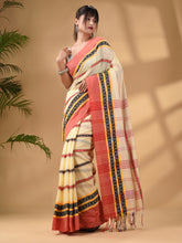 Load image into Gallery viewer, Light Yellow Cotton Handwoven Saree With Texture Border