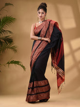 Load image into Gallery viewer, Black Cotton Handwoven Soft Saree With Paisley Border