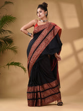 Load image into Gallery viewer, Black Cotton Handwoven Soft Saree With Paisley Border