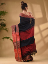 Load image into Gallery viewer, Black Cotton Handwoven Soft Saree With Paisley Border