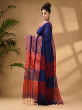 Load image into Gallery viewer, Blue Cotton Handwoven Soft Saree With Paisley Border
