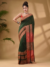 Load image into Gallery viewer, Green Cotton Handwoven Soft Saree With Paisley Border