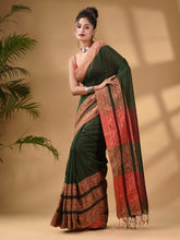 Load image into Gallery viewer, Green Cotton Handwoven Soft Saree With Paisley Border