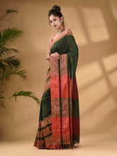 Load image into Gallery viewer, Green Cotton Handwoven Soft Saree With Paisley Border