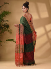 Load image into Gallery viewer, Green Cotton Handwoven Soft Saree With Paisley Border
