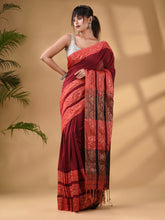 Load image into Gallery viewer, Dark Red Cotton Handwoven Soft Saree With Paisley Border