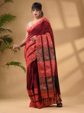 Load image into Gallery viewer, Dark Red Cotton Handwoven Soft Saree With Paisley Border