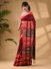Load image into Gallery viewer, Dark Red Cotton Handwoven Soft Saree With Paisley Border