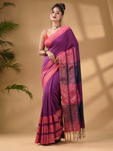 Load image into Gallery viewer, Violet Cotton Handwoven Soft Saree With Paisley Border