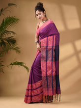 Load image into Gallery viewer, Violet Cotton Handwoven Soft Saree With Paisley Border