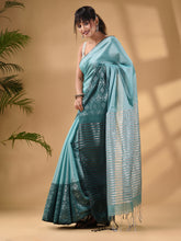 Load image into Gallery viewer, Teal Tissue Handwoven Saree With Texture Border