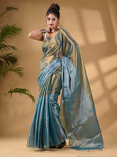 Load image into Gallery viewer, Teal And Gold Tissue Handwoven Soft Saree