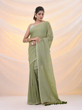 Load image into Gallery viewer, Green Cotton Handwoven Soft Saree With Pompom
