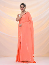 Load image into Gallery viewer, Orange Cotton Handwoven Soft Saree With Pompom