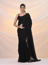 Load image into Gallery viewer, Black Cotton Handwoven Soft Saree With Pompom