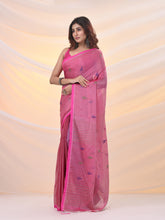 Load image into Gallery viewer, Pink Tissue Cotton Handspun Soft Saree With Stripes Pallu