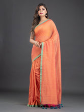 Load image into Gallery viewer, Orange & Green Solid Handwoven Cotton Saree