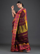 Load image into Gallery viewer, Burgundy & Yellow Woven Design Cotton Saree