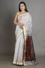 Load image into Gallery viewer, Light Grey Blended Cotton Handwoven Soft Saree With Resham Pallu