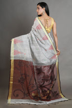 Load image into Gallery viewer, Light Grey Blended Cotton Handwoven Soft Saree With Resham Pallu