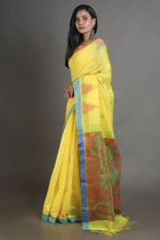 Load image into Gallery viewer, Yellow Blended Cotton Handwoven Soft Saree With Resham Pallu
