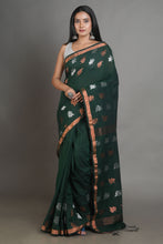 Load image into Gallery viewer, Bottol Green Linen Handwoven Soft Saree With Zari Border