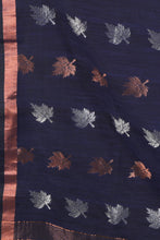 Load image into Gallery viewer, Navy Blue Linen Handwoven Soft Saree With Zari Border