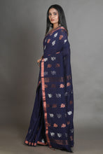 Load image into Gallery viewer, Navy Blue Linen Handwoven Soft Saree With Zari Border