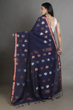 Load image into Gallery viewer, Navy Blue Linen Handwoven Soft Saree With Zari Border