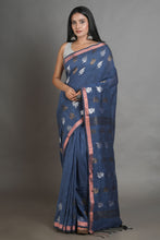 Load image into Gallery viewer, Teal Linen Handwoven Soft Saree With Zari Border