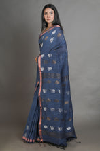 Load image into Gallery viewer, Teal Linen Handwoven Soft Saree With Zari Border