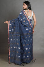Load image into Gallery viewer, Teal Linen Handwoven Soft Saree With Zari Border