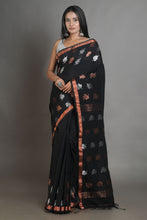 Load image into Gallery viewer, Black Linen Handwoven Soft Saree With Zari Border