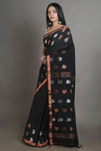 Load image into Gallery viewer, Black Linen Handwoven Soft Saree With Zari Border