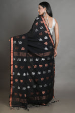 Load image into Gallery viewer, Black Linen Handwoven Soft Saree With Zari Border