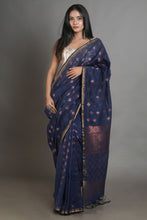 Load image into Gallery viewer, Blue Linen Handwoven Soft Saree With Zari Border
