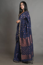 Load image into Gallery viewer, Blue Linen Handwoven Soft Saree With Zari Border