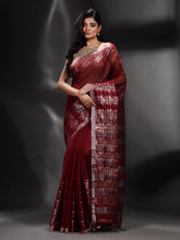 Load image into Gallery viewer, Maroon Cotton Blend Handwoven Saree With Nakshi Border