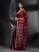 Load image into Gallery viewer, Maroon Cotton Blend Handwoven Saree With Nakshi Border