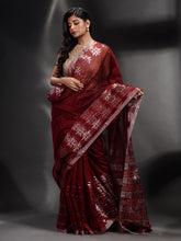 Load image into Gallery viewer, Maroon Cotton Blend Handwoven Saree With Nakshi Border