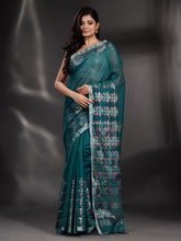 Load image into Gallery viewer, Teal Cotton Blend Handwoven Saree With Nakshi Border