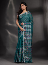 Load image into Gallery viewer, Teal Cotton Blend Handwoven Saree With Nakshi Border