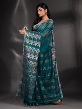Load image into Gallery viewer, Teal Cotton Blend Handwoven Saree With Nakshi Border
