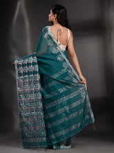 Load image into Gallery viewer, Teal Cotton Blend Handwoven Saree With Nakshi Border