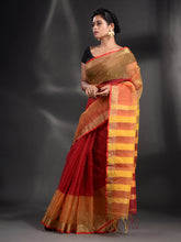 Load image into Gallery viewer, Red And Yellow Cotton Blend Handwoven Saree With Zari Border