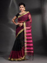 Load image into Gallery viewer, Black And Fuchsia Cotton Blend Handwoven Saree With Zari Border