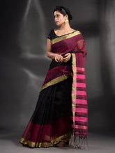Load image into Gallery viewer, Black And Fuchsia Cotton Blend Handwoven Saree With Zari Border