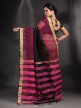 Load image into Gallery viewer, Black And Fuchsia Cotton Blend Handwoven Saree With Zari Border