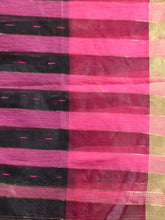 Load image into Gallery viewer, Black And Fuchsia Cotton Blend Handwoven Saree With Zari Border