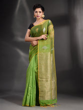 Load image into Gallery viewer, Green Cotton Blend Handwoven Saree With Zari Pallu